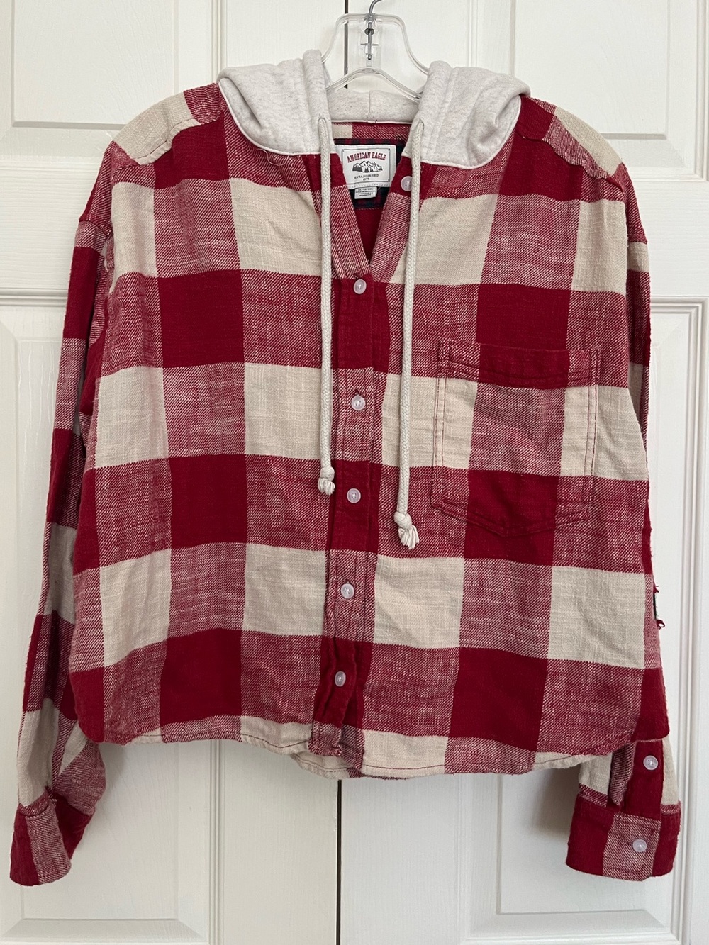 American Eagle Red & Cream Plaid Hooded Shirt Jacket